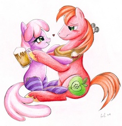 Size: 552x572 | Tagged: safe, artist:prettypinkpony, big macintosh, cheerilee, earth pony, pony, g4, blushing, cider, clothes, drunk, duo, duo male and female, female, heart, male, ship:cheerimac, shipping, socks, stallion, straight, striped socks, traditional art, unshorn fetlocks, wine, wine glass