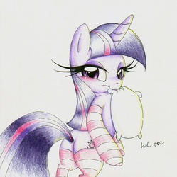 Size: 587x590 | Tagged: safe, artist:prettypinkpony, twilight sparkle, pony, unicorn, g4, bedroom eyes, bipedal, blushing, butt, clothes, female, horn, long eyelashes, mare, pillow, plot, socks, solo, striped socks, traditional art