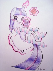 Size: 480x640 | Tagged: safe, artist:prettypinkpony, twilight sparkle, pony, unicorn, g4, blushing, book, clothes, female, horn, levitation, lying down, magic, mare, on back, pillow, socks, solo, striped socks, telekinesis, traditional art