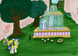Size: 2114x1518 | Tagged: safe, artist:dalilastar, princess celestia, alicorn, pegasus, pony, unicorn, g4, :d, armor, bath, butt, cute, cutelestia, eyes closed, facehoof, female, floppy ears, fountain, grass, gritted teeth, happy, hoof shoes, jewelry, male, mare, missing accessory, open mouth, pegasus royal guard, peytral, plot, royal guard, silly, silly pony, stallion, surprised, tiara, tree, unamused, unicorn royal guard, wet, wet mane, wide eyes