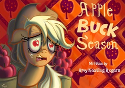 Size: 3508x2480 | Tagged: safe, artist:jowyb, applejack, pony, applebuck season, g4, apple, bloodshot eyes, female, solo, title card
