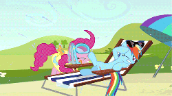 Size: 500x281 | Tagged: safe, screencap, pinkie pie, rainbow dash, earth pony, pegasus, pony, too many pinkie pies, animated, beach chair, behaving like a dog, chair, duo, female, goggles, inner tube, mare, shaking, snorkel, sunglasses, swim mask, wet-dog shake