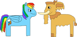 Size: 1024x497 | Tagged: safe, artist:jacobyel, rainbow dash, mammoth, pegasus, pony, g4, crossover, duo, ice age, ice age 4: continental drift, peaches (ice age), simple background, white background