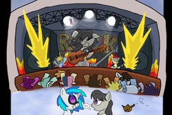 Size: 1024x682 | Tagged: safe, artist:chaos-flare44, bon bon, dj pon-3, lyra heartstrings, octavia melody, sweetie drops, vinyl scratch, g4, drums, guitar, musical instrument, octavia is not amused, rock (music), rock concert, unamused
