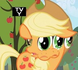 Size: 500x446 | Tagged: safe, screencap, applejack, pony, g4, faic, female, frown, great moments in animation, open mouth, smear frame, solo, tv rating, wat