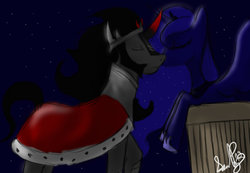 Size: 900x622 | Tagged: safe, artist:tediz-leader, king sombra, princess luna, alicorn, pony, unicorn, g4, aladdin, eyes closed, female, kissing, male, night, night sky, ship:lumbra, shipping, sky, straight