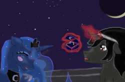 Size: 768x505 | Tagged: safe, artist:aerishikari, king sombra, princess luna, alicorn, pony, unicorn, g4, blushing, engagement ring, eyes closed, female, floppy ears, male, mare, marriage proposal, night, night sky, ship:lumbra, shipping, sky, straight