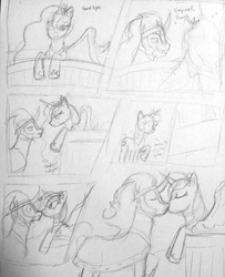 Size: 717x884 | Tagged: safe, artist:tediz-leader, king sombra, princess luna, twilight sparkle, alicorn, pony, unicorn, g4, aladdin, comic, female, flower, flower in hair, kissing, looking at each other, looking at someone, male, mare, monochrome, ship:lumbra, shipping, straight, unicorn twilight