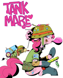 Size: 2450x3000 | Tagged: safe, artist:khorme, cranky doodle donkey, pinkie pie, donkey, earth pony, pony, g4, crossover, parody, ponified, simple background, tank girl, white background