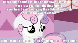 Size: 1358x761 | Tagged: safe, edit, edited screencap, screencap, sweetie belle, pony, robot, robot pony, unicorn, g4, my little pony: friendship is magic, too many pinkie pies, female, filly, floppy ears, foal, horn, meta, philosophy, pinkie clone debate, solo, sweetie bot