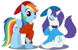 Size: 1092x705 | Tagged: safe, artist:mintystitch, rainbow dash, rarity, pegasus, pony, unicorn, g4, alternate hairstyle, clothes, collar, duo, duo female, female, hoodie, horn, mare, simple background, transparent background