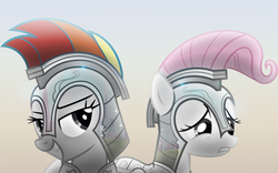 Size: 1920x1200 | Tagged: safe, artist:shadesofeverfree, fluttershy, rainbow dash, g4, armor, wallpaper