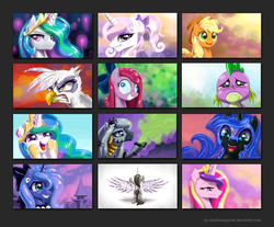 Size: 1040x860 | Tagged: safe, artist:kp-shadowsquirrel, applejack, fleur-de-lis, gilda, nightmare moon, octavia melody, pinkie pie, princess cadance, princess celestia, princess luna, spike, zecora, griffon, zebra, g4, braces, everypony, pinkamena diane pie, wallpaper