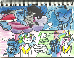 Size: 1700x1336 | Tagged: safe, artist:modernlisart, king sombra, princess celestia, princess luna, alicorn, pony, unicorn, g4, exclamation point, eyes closed, female, floppy ears, implied lumbra, lying down, lying on top of someone, male, no pupils, question mark, royal sisters, ship:lumbra, shipping, siblings, sisters, sleeping together, straight, thought bubble, traditional art