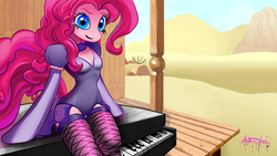Size: 1920x1080 | Tagged: safe, artist:anthropony, pinkie pie, anthro, g4, over a barrel, breasts, burlesque, clothes, female, musical instrument, piano, saloon dress, saloon pinkie, sitting, solo, stockings, wallpaper