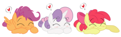 Size: 8000x2500 | Tagged: safe, artist:xenon, artist:yanoda, apple bloom, scootaloo, sweetie belle, earth pony, pegasus, pony, unicorn, g4, adorabloom, apple bloom's bow, blushing, bow, cute, cutealoo, cutie mark crusaders, diasweetes, eyebrows, eyebrows visible through hair, eyes closed, female, filly, foal, hair bow, heart, horn, lying down, prone, simple background, sleeping, smiling, spread wings, transparent background, wings