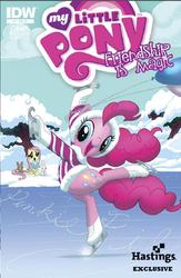 Size: 575x884 | Tagged: safe, artist:amy mebberson, idw, official comic, angel bunny, fluttershy, pinkie pie, pony, g4, official, active stretch, backbend, comic, cover, flexible, hastings, ice skating