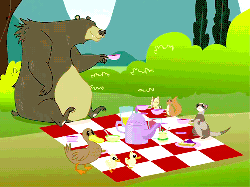 Size: 500x374 | Tagged: safe, screencap, harry, bear, bird, chipmunk, duck, ferret, squirrel, g4, too many pinkie pies, animal, animated, bread, cropped, cup, duckling, food, picnic blanket, teacup, teapot, toast