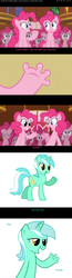 Size: 500x1922 | Tagged: safe, edit, edited screencap, screencap, lyra heartstrings, pinkie pie, earth pony, pony, unicorn, g4, too many pinkie pies, clone, comic, female, fingers, hand, hooves, mare, obvious punchline, pinkie clone, screencap comic