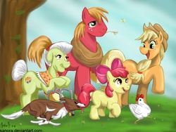 Size: 1024x768 | Tagged: safe, artist:sanora, apple bloom, applejack, big macintosh, granny smith, winona, butterfly, chicken, earth pony, pony, g4, apple family, chase, family, male, pet, running, stallion, tongue out