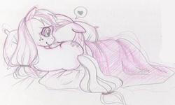 Size: 500x299 | Tagged: safe, artist:cherrypaintpony, applejack, rainbow dash, g4, bed, female, heart, lesbian, monochrome, ship:appledash, shipping