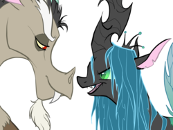 Size: 1280x960 | Tagged: safe, artist:precosiouschild, discord, queen chrysalis, changeling, changeling queen, draconequus, g4, female, male, ship:discolis, shipping, simple background, straight, transparent background