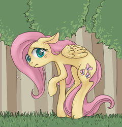 Size: 658x684 | Tagged: safe, artist:bikkisu, fluttershy, pony, g4, female, raised hoof, solo, worried