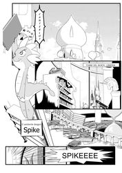 Size: 900x1273 | Tagged: safe, artist:0ryomamikado0, editor:mercury2099, spike, dragon, comic:the unexpected love life of dusk shine, g4, comic, male, monochrome, spanish, translation