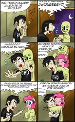 Size: 1024x1657 | Tagged: safe, artist:ciriliko, artist:innuendo88, pinkie pie, g4, clothes, cosplay, costume, creeper, dan, dan vs, scp-173, spanish, translated in the comments