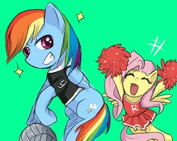 Size: 563x450 | Tagged: safe, artist:yubi, fluttershy, rainbow dash, pegasus, pony, g4, cheering, cheerleader, cheerleader fluttershy, colored pupils, cute, duo, eyes closed, female, green background, grin, mare, shyabetes, simple background, smiling