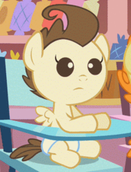 Size: 231x304 | Tagged: safe, screencap, pound cake, pumpkin cake, pegasus, pony, baby cakes, g4, season 2, baby, brother and sister, brown eyes, brown hair, brown mane, brown tail, cake twins, chair, cropped, diapered colt, female, foal, highchair, male, offscreen character, one month old colt, siblings, solo focus, tail, tan body, tan coat, tan fur, tan pony, twins