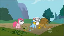 Size: 960x540 | Tagged: safe, edit, edited screencap, screencap, gilda, pinkie pie, rainbow dash, griffon, g4, forever alone, rage face, trollface