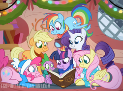 Size: 1190x887 | Tagged: dead source, safe, artist:egophiliac, applejack, fluttershy, pinkie pie, rainbow dash, rarity, spike, twilight sparkle, dragon, earth pony, pegasus, pony, unicorn, g4, christmas, clothes, hat, hearth's warming, horn, mane seven, mane six, scarf, winter