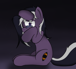 Size: 940x846 | Tagged: safe, artist:spikeandfriends, oc, oc only, earth pony, pony, creepypasta, cute, cutie mark, eye, frown, glasses, gradient background, hidden, insanity, long mane, looking at you, messy mane, outcast, ponysona, purple, scared, shy, solo, spooky, wide eyes, worried