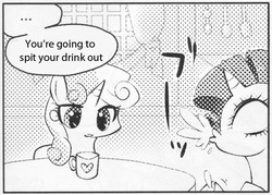 Size: 545x390 | Tagged: safe, rarity, sweetie belle, pony, unicorn, g4, ..., captain obvious, exploitable meme, female, filly, many many pony, mare, meme, monochrome, mug, psychic image, spit take