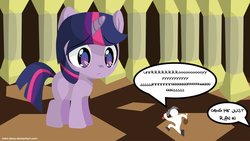 Size: 900x506 | Tagged: safe, artist:mini-deus, twilight sparkle, chicken, human, pony, unicorn, g4, colored pupils, confused, crossover, cute, dialogue, filly, frown, giant pony, leeroy jenkins, macro, size difference, speech bubble, sword, unicorn twilight, warcraft, weapon, world of warcraft