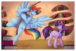 Size: 1000x667 | Tagged: safe, artist:vella, rainbow dash, twilight sparkle, g4