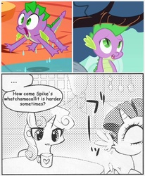 Size: 545x660 | Tagged: safe, edit, edited screencap, screencap, rarity, spike, sweetie belle, dragon, pony, unicorn, a dog and pony show, g4, the return of harmony, comic, dialogue, female, filly, grayscale, innocent innuendo, male, many many pony, mare, meme, monochrome, mug, screencap comic, spit take, table, text