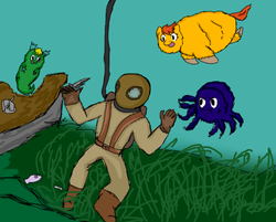 Size: 587x473 | Tagged: safe, artist:aichi, fluffy pony, human, octopus, sea pony, diving helmet, diving suit, sea fluffies, underwater