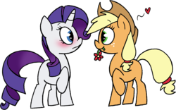 Size: 1719x1070 | Tagged: safe, artist:strangiesleepy, applejack, rarity, pegasus, pony, unicorn, g4, blank flank, blushing, female, flower, heart, horn, lesbian, mare, raised hoof, ship:rarijack, shipping, simple background, transparent background