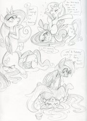 Size: 1280x1767 | Tagged: safe, artist:purplekecleon, derpy hooves, fluttershy, princess cadance, sweetie belle, pegasus, pony, g4, blushing, butt, comic, dialogue, doormat, faceful of ass, facesitting, female, flutterseat, mare, monochrome, muffin, plot