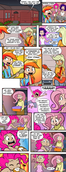 Size: 1280x3314 | Tagged: safe, artist:megasweet, artist:trelwin, applejack, fluttershy, pinkie pie, rainbow dash, rarity, human, g4, bass guitar, breasts, busty fluttershy, canter girls, clothes, comic, donut, drums, guitar, humanized, keyboard, musical instrument, sweater, sweatershy