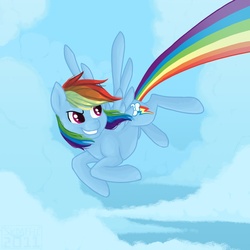 Size: 1000x1000 | Tagged: safe, artist:skdaffle, rainbow dash, g4, flying, grin, smiling