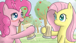 Size: 1600x900 | Tagged: dead source, safe, artist:speccysy, fluttershy, pinkie pie, earth pony, pegasus, pony, g4, apple, apple cider, apple tree, blushing, cider, drunk, duo, female, food, mare, signature, tree