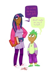 Size: 700x1000 | Tagged: safe, artist:xxdaimonxx, spike, twilight sparkle, g4, converse, dark skin, humanized, shoes