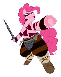 Size: 750x950 | Tagged: safe, artist:xxdaimonxx, pinkie pie, earth pony, semi-anthro, g4, conan the barbarian, crossover, female, solo, sword