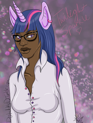 Size: 568x750 | Tagged: safe, artist:dijital-kid, twilight sparkle, human, g4, dark skin, eared humanization, female, glasses, horn, horned humanization, humanized, solo