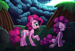 Size: 1105x751 | Tagged: safe, artist:mewball, pinkie pie, earth pony, pony, g4, crying, cute, dual personality, eyes closed, female, floppy ears, forest, frown, open mouth, raised hoof, shadow, sitting, solo, underhoof