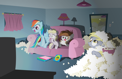 Size: 6215x4037 | Tagged: dead source, safe, artist:trotsworth, derpy hooves, dinky hooves, pipsqueak, rainbow dash, pegasus, pony, unicorn, g4, absurd resolution, colt, couch, female, filly, foal, horn, i just don't know what went wrong, living room, male, mare, messy, movie, movie night, popcorn, swamp thing, television, varying degrees of want