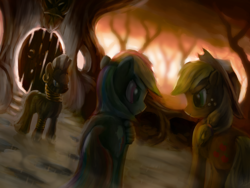 Size: 2000x1500 | Tagged: safe, artist:assasinmonkey, applejack, rainbow dash, zecora, earth pony, pegasus, pony, zebra, g4, backlighting, dark, digital painting, female, forest, glowing, mare, zecora's hut